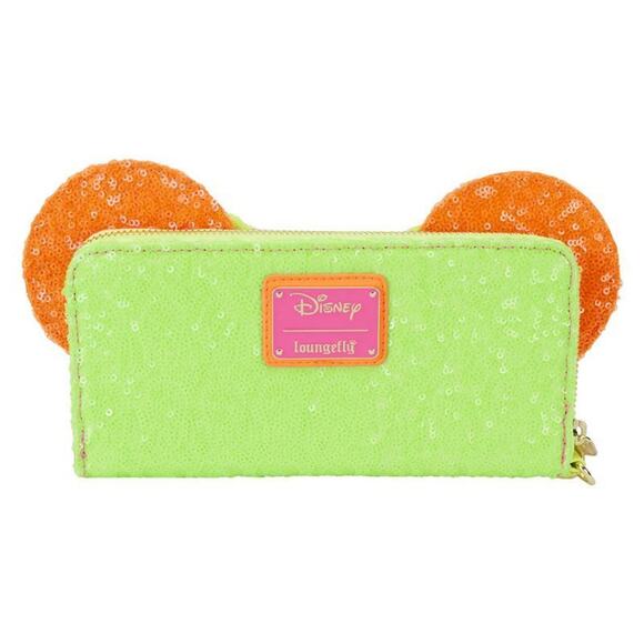 NWT Loungefly Minnie Mouse Exclusive Color Block Neon Sequin Zip Around Wallet - Picture 3 of 4